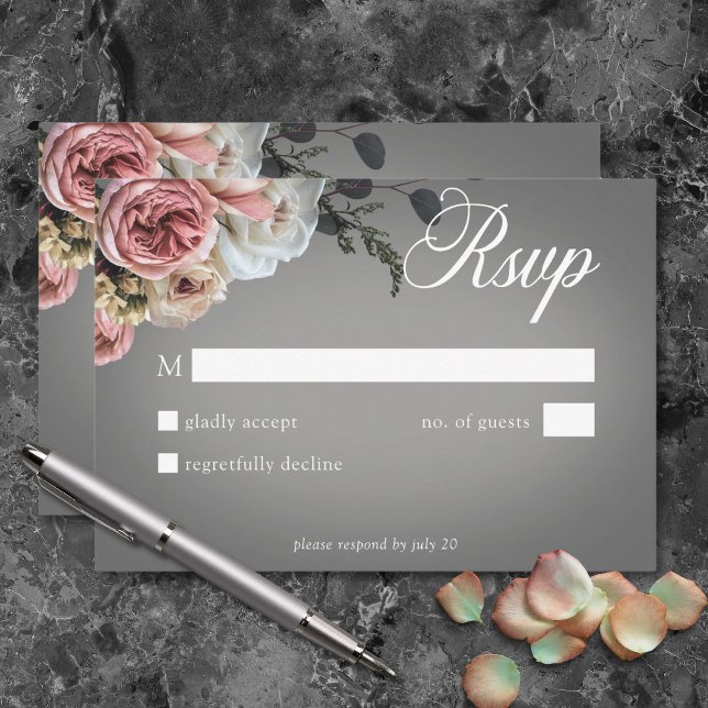 Cartão RSVP Casamento de Rosas Florais Brancas Elegantes (Elegant Pink White Floral Roses Gray Wedding RSVP Card)