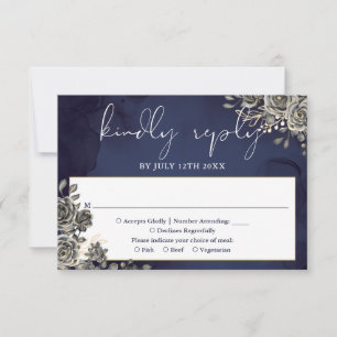 Cartão RSVP Casamento de Rosas Florais Góticas Azul Meia-Noite