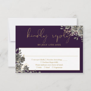 Cartão RSVP Casamento de Rosas Florais Góticas Roxas e Dourada