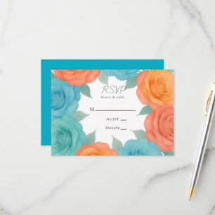 Cartão RSVP Casamento de Rosas Laranja e Azul-turquesa em Aqua