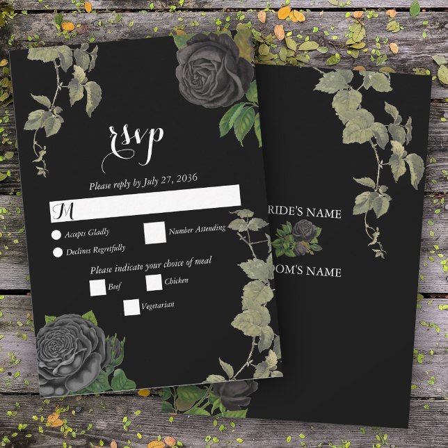Cartão RSVP Casamento de Rosas Negras do Halloween (Gothic Halloween Black Roses Wedding RSVP Card)