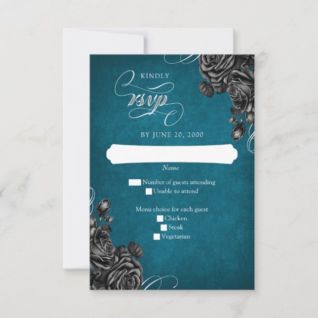 Cartão RSVP Casamento de Rosas Negros Teais (Frente)