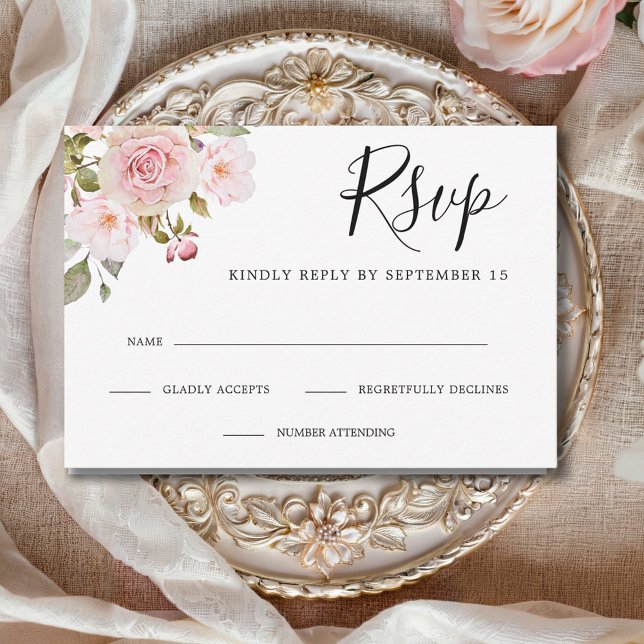 Cartão RSVP Casamento de Rosas Rosa Elegante (Elegant Pink Roses Custom Wedding RSVP Card with Envelope)