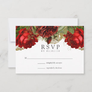 Cartão RSVP Casamento de Rosas ruivos e Dourados