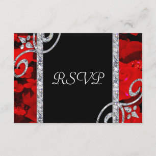 Cartão RSVP Casamento de Ruby Rosa vermelha & Diamond Swirls