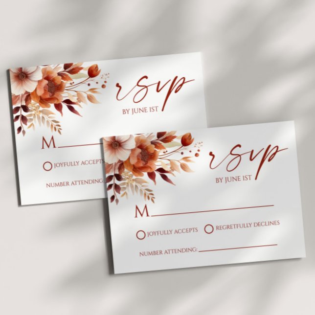 Cartão RSVP Casamento de Rusty Burgundy Brown Floral Flower (Criador carregado)