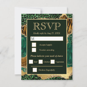 Cartão RSVP Casamento de Safári Animal Verde e Dourado com Bri