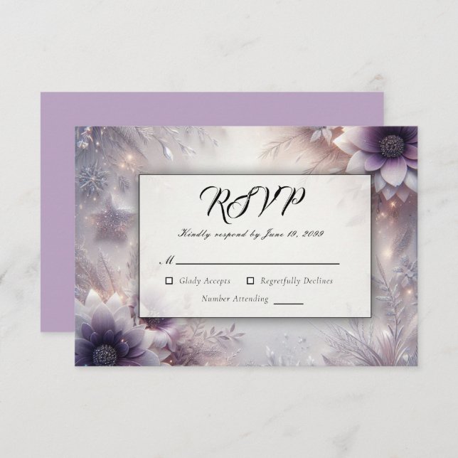 Cartão RSVP Casamento de Sangue de Inverno de Silver e Soft Am (Frente/Verso)