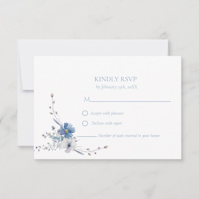 Cartão RSVP Casamento de Sangue de Primavera Floral Azul Elega (Frente)