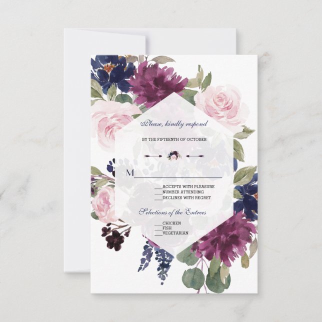 Cartão RSVP Casamento de Sangue Floral Azul-Lavanda Romântico (Frente)