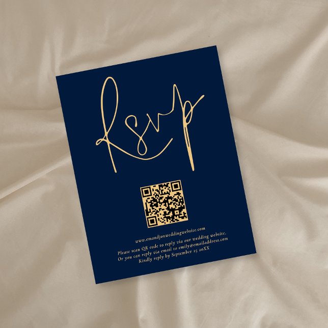 Cartão RSVP Casamento de Script Azul com Marinho Dourado do Có (Criador carregado)