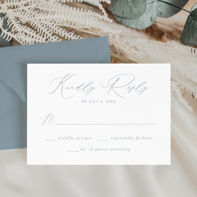 Cartão RSVP Casamento de Script Azul Dusty Moderno Elegante (Criador carregado)