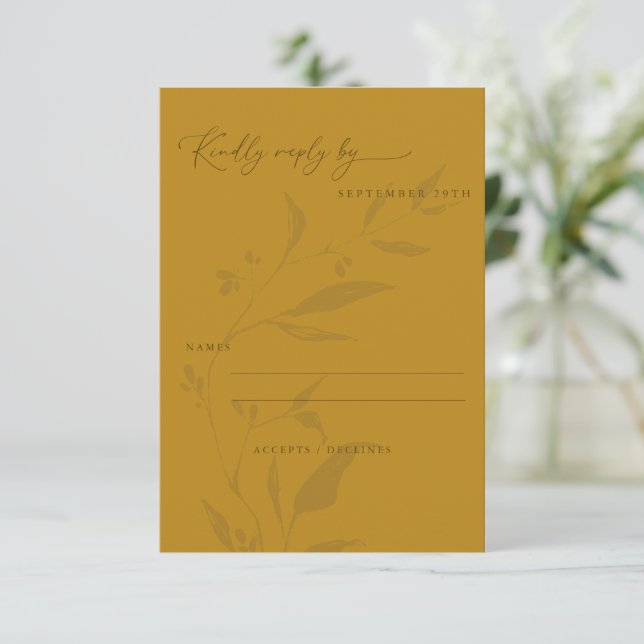 Cartão RSVP Casamento de Script Boho Amarelo Botânico Minimali (Em pé/Frente)