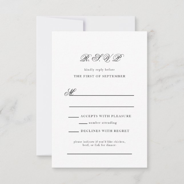 Cartão RSVP Casamento de Script Branco e Preto do Monograma El (Frente)