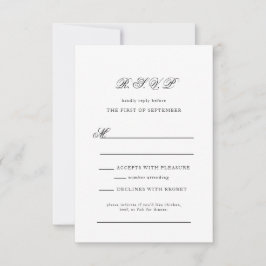 Cartão RSVP Casamento de Script Branco e Preto do Monograma El