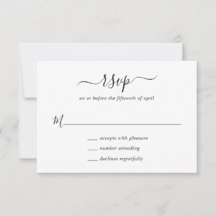 Cartão RSVP Casamento de Script Branco e Preto Elegante Simple