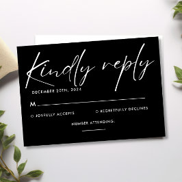 Cartão RSVP Casamento de Script Branco e Preto Minimalista Mod