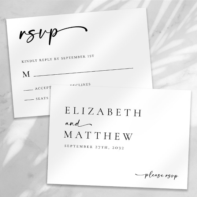 Cartão RSVP Casamento De Script Branco E Preto Moderno (Criador carregado)