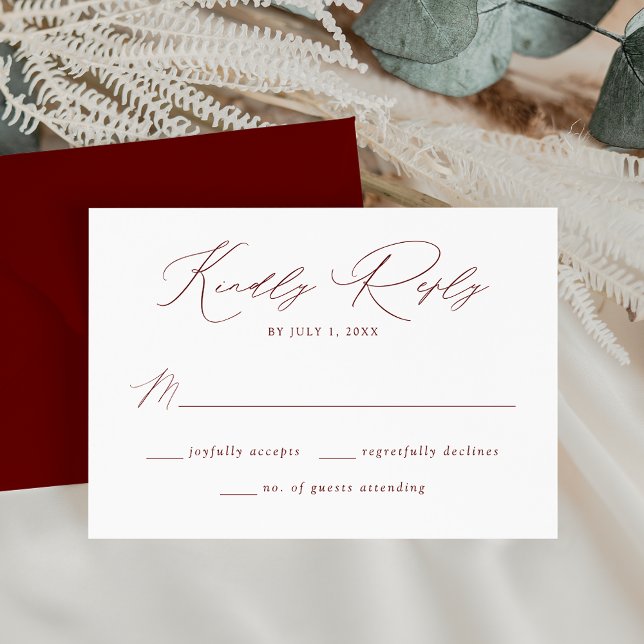 Cartão RSVP Casamento de Script Burgundy Moderno Elegante (Criador carregado)