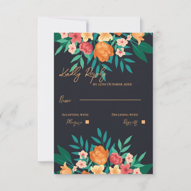 Cartão RSVP Casamento de Script de Aquarela Floral Amarela e L (Frente)