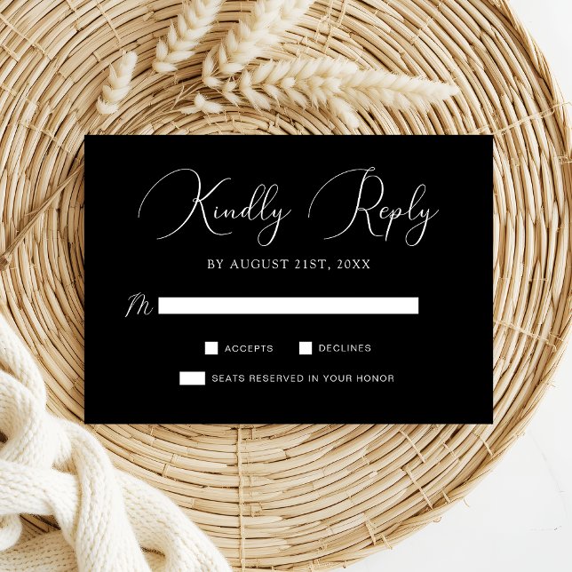 Cartão RSVP Casamento de Script de Caligrafia Branca Chic Blac (Criador carregado)