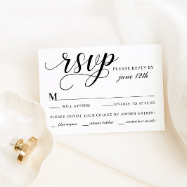 Cartão RSVP Casamento de Script de Caligrafia Branca e Negra M