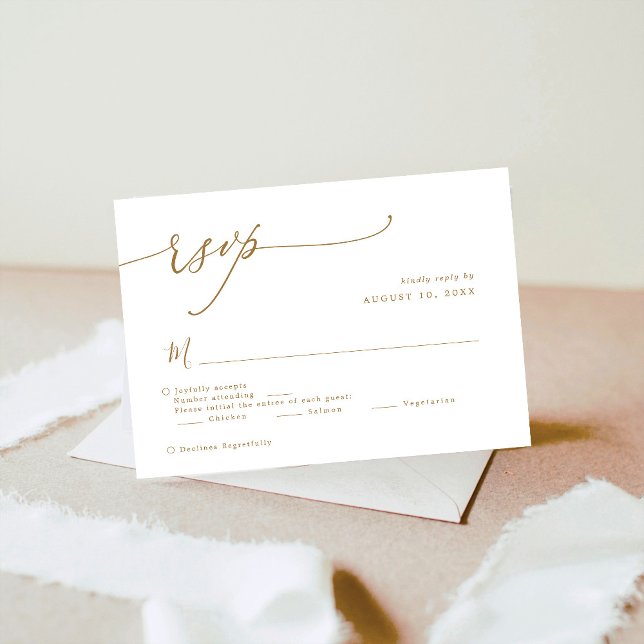 Cartão RSVP Casamento de Script de Caligrafia Dourada Elegante (Criador carregado)