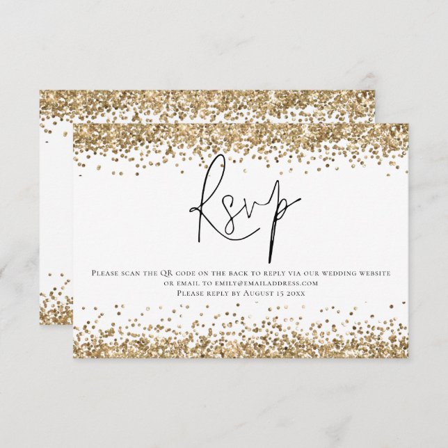 Cartão RSVP Casamento de Script de Código QR do Glam Dourado G (Frente/Verso)