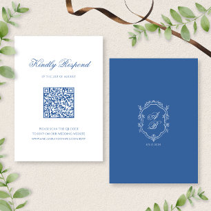Cartão RSVP Casamento de Script de Crest do Monograma Azul Ele