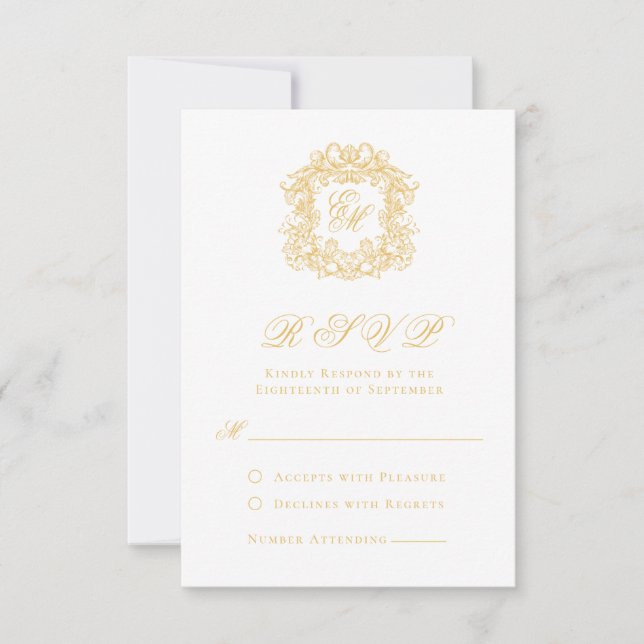 Cartão RSVP Casamento de Script de Crest do Monograma Dourado  (Frente)
