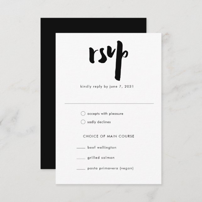 Cartão RSVP Casamento de Script de Pincel Negra Moderno Bold E (Frente/Verso)
