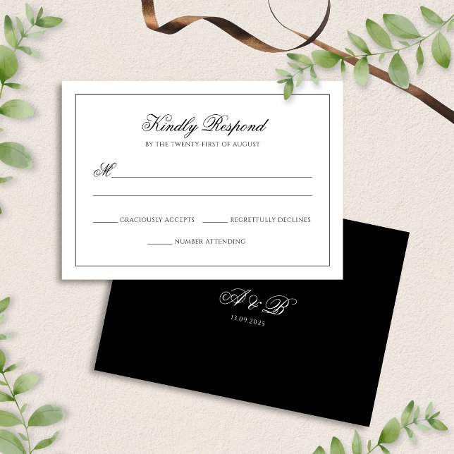 Cartão RSVP Casamento de Script do Monograma Branco e Preto Cl (Criador carregado)