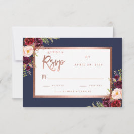 Cartão RSVP Casamento de Script Dourado Rosa Azul com Marinho