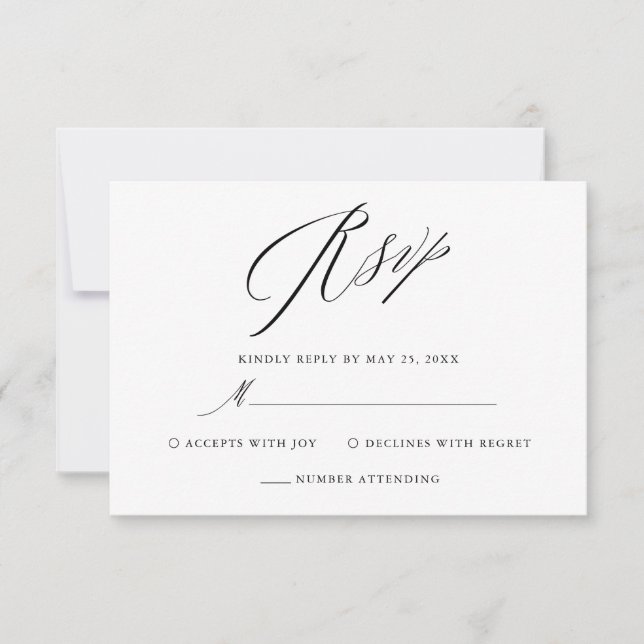 Cartão RSVP Casamento de Script Elegante Branco Negro Simples (Frente)