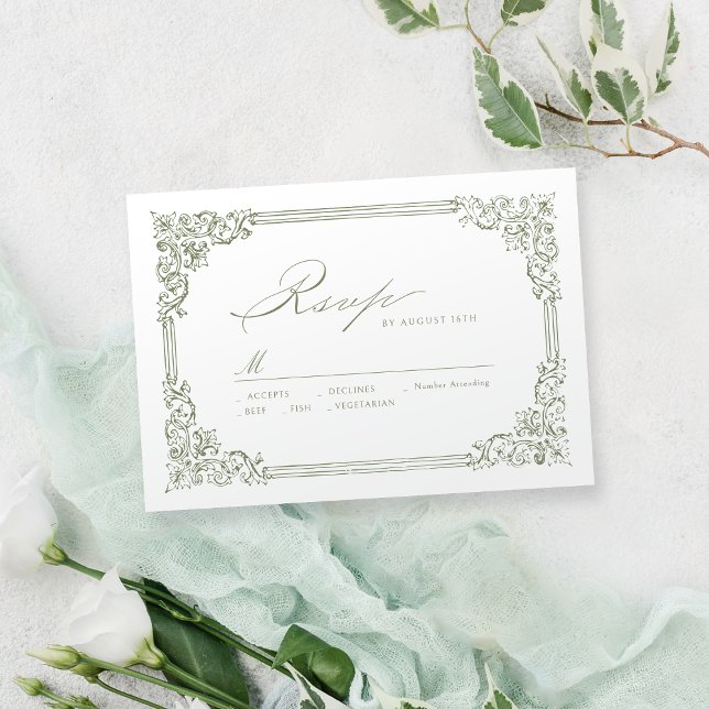 Cartão RSVP Casamento de Script Elegante de Frame Verde Sage (Sage Green Vintage Frame Elegant Script Wedding RSVP Card)