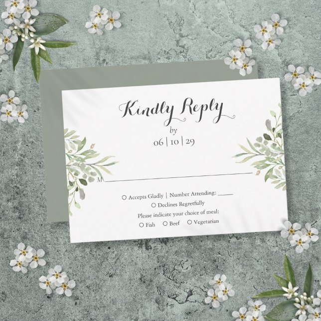 Cartão RSVP Casamento de Script Elegante de Greenery em Waterc (Watercolor Greenery Elegant Script Wedding RSVP Card)