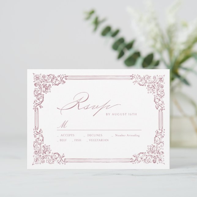 Cartão RSVP Casamento de Script Elegante de Moldura Rosa Dusty (Em pé/Frente)