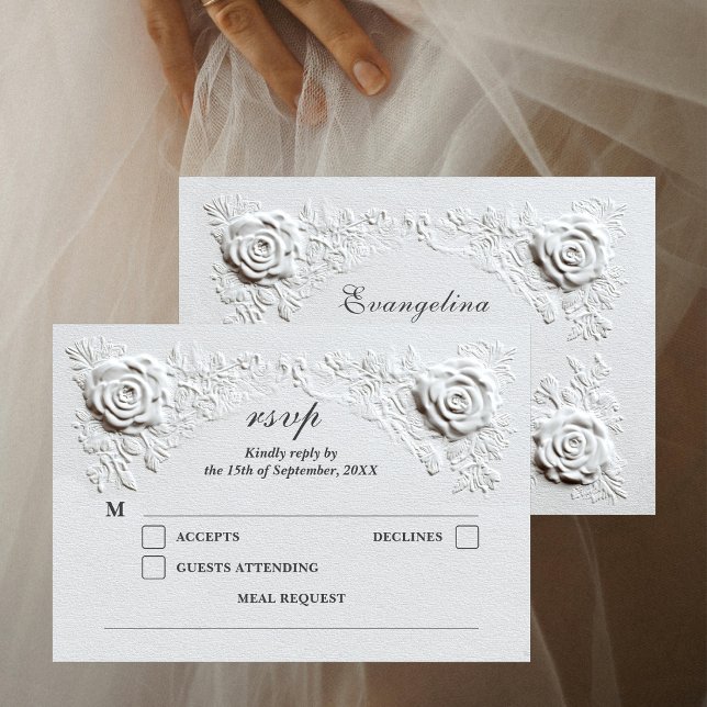 Cartão RSVP Casamento de Script Elegante de Rosas Embossed Fau (Criador carregado)
