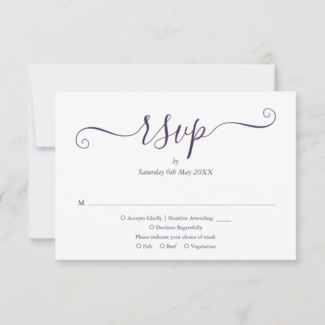 Cartão RSVP Casamento de Script Elegante Roxo (Frente)