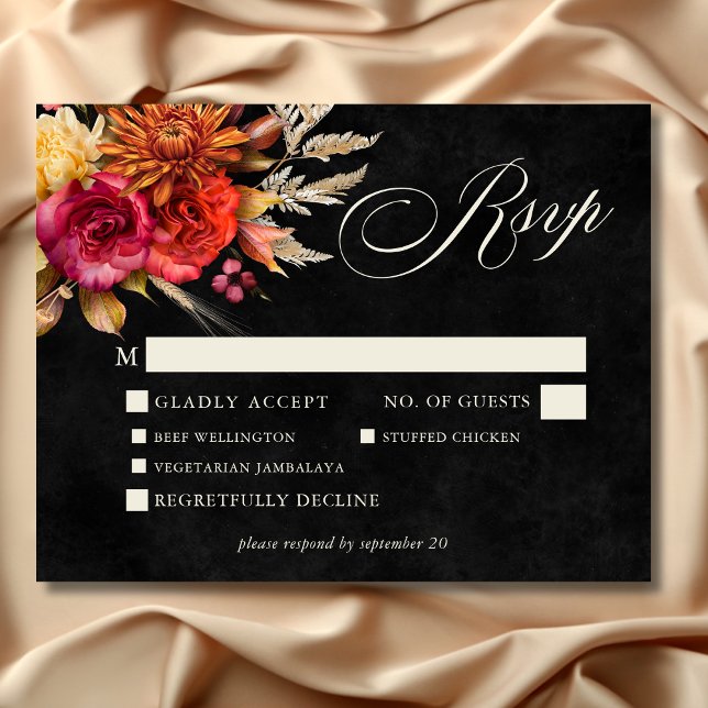 Cartão RSVP Casamento de Script Floral Boho Boho Negra Elegant (Elegant Black Vibrant Boho Floral Script Wedding Response Card with Dinner Choices)
