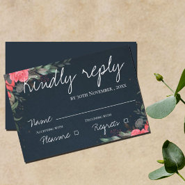 Cartão RSVP Casamento de Script Floral de Cinza de Pêssego Bon