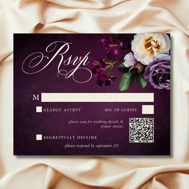 Cartão RSVP Casamento de Script Floral de Lavanda e Borgonha (Elegant Lavender & Burgundy Floral Script Wedding QR Code RSVP)