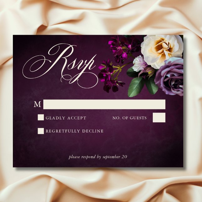 Cartão RSVP Casamento de Script Floral de Lavanda e Borgonha (Elegant Lavender & Burgundy Floral Script Wedding RSVP)