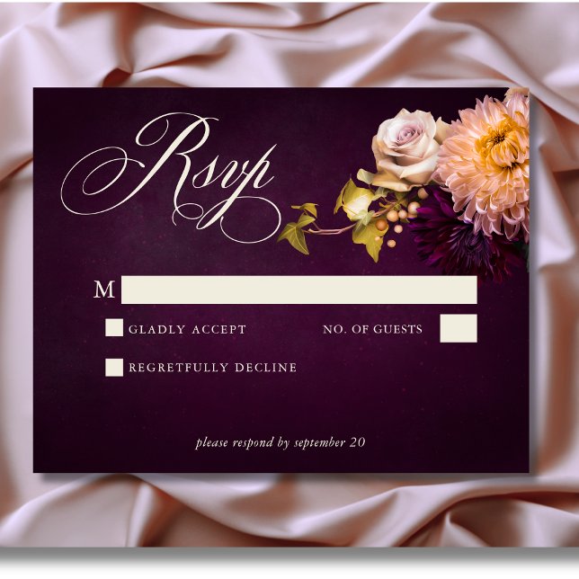 Cartão RSVP Casamento de Script Floral Floral Elegante Burgund (Elegant Burgundy Moody Floral Script Wedding Response Card)