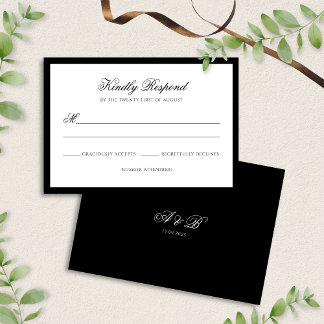 Cartão RSVP Casamento de Script Formal de Borda Branca e Preta
