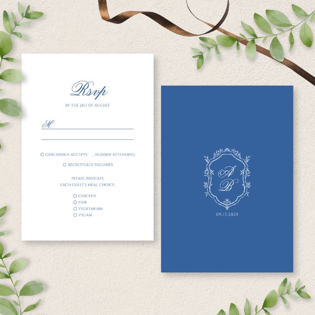 Cartão RSVP Casamento de Script Formal do Monograma Azul Elega (Criador carregado)