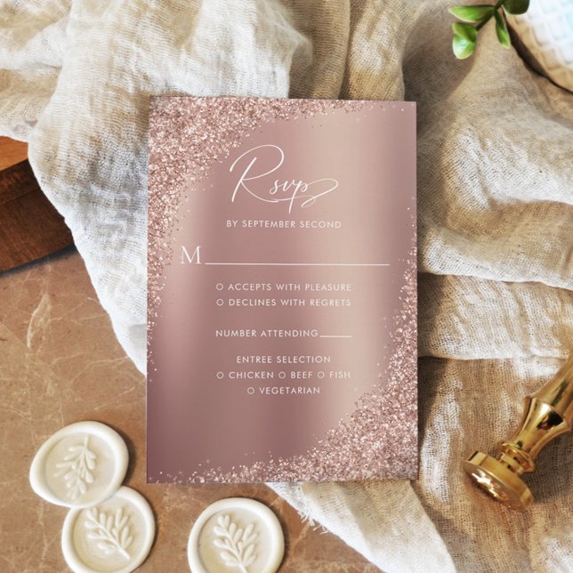 Cartão RSVP Casamento de Script Glitter Dourado rosa (Criador carregado)
