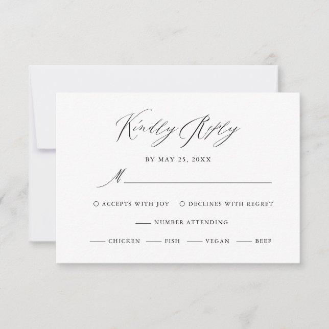 Cartão RSVP Casamento de Script Moderno Branco Negro Elegante (Frente)