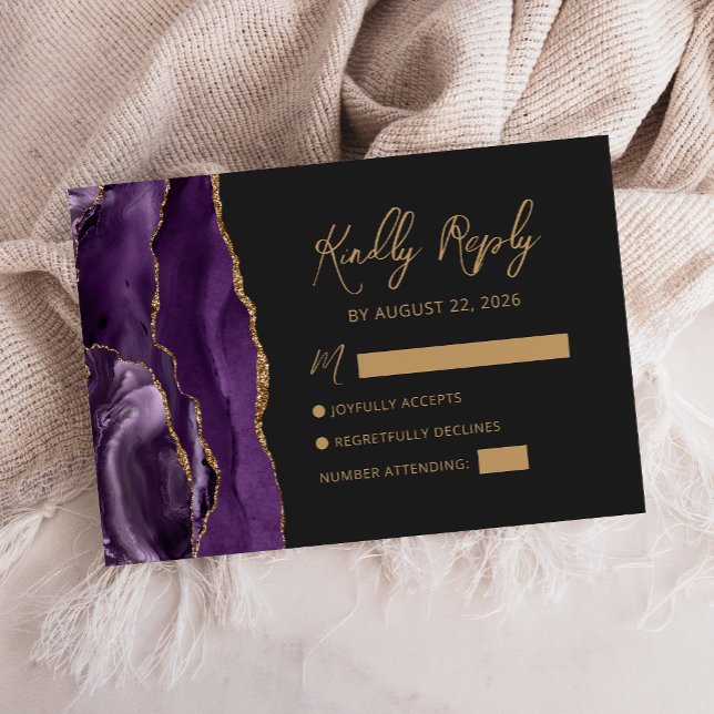 Cartão RSVP Casamento de Script Moderno de Agate Dourado Roxo (Criador carregado)