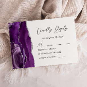 Cartão RSVP Casamento de Script Moderno de Agato de Prata Roxo